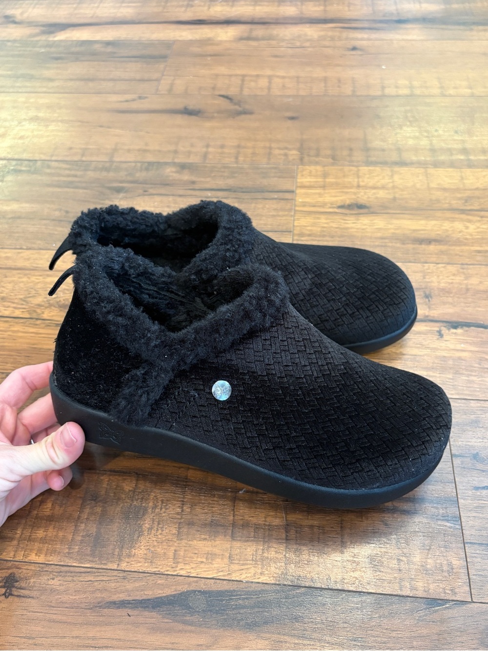 Alegria Cozee Black Woven Faux Fur Bootie Slippers Comfort Rocker Sole Size 7